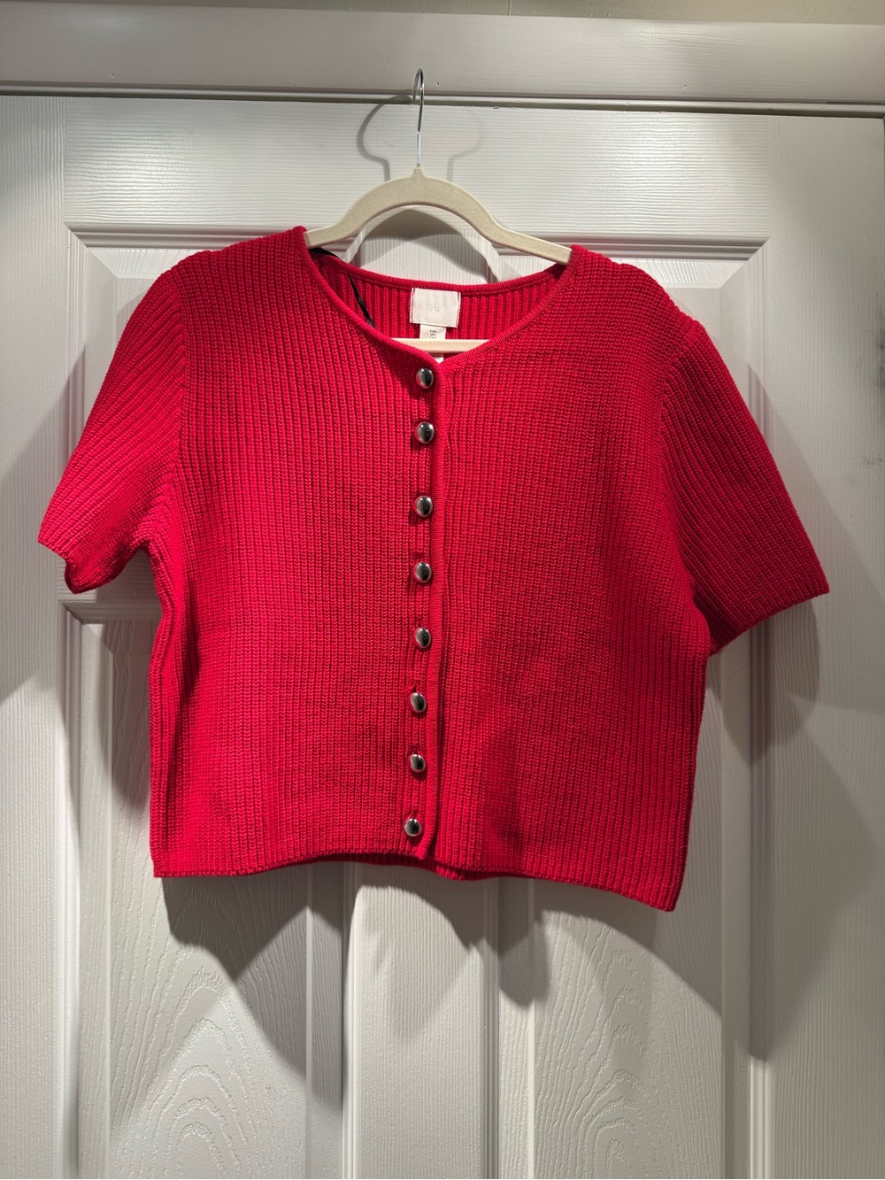 H&M Red Ribbed Short-Sleeve Button Cardigan
